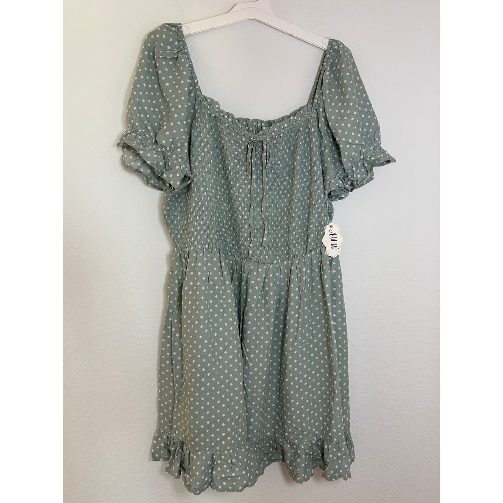 AUW Sage Green Polka Dot Smocked Puff Sleeve Mini Dress Plus Size 3X NWT